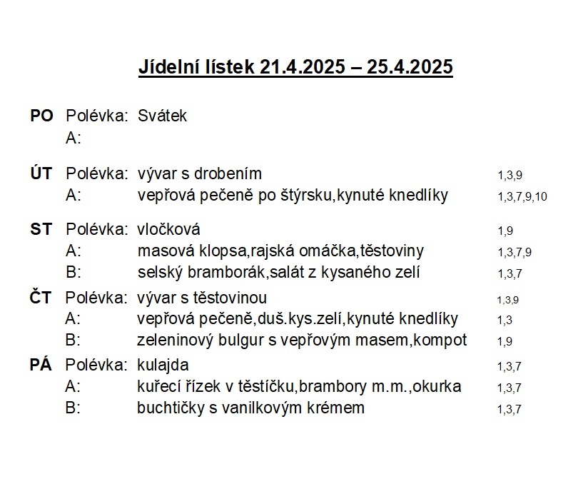 jídelníček 21-25 duben